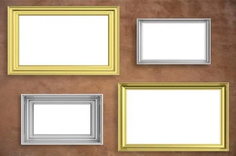 Frames golden and silver isolated on brown stucco wall background with copy s Illustrazione stock