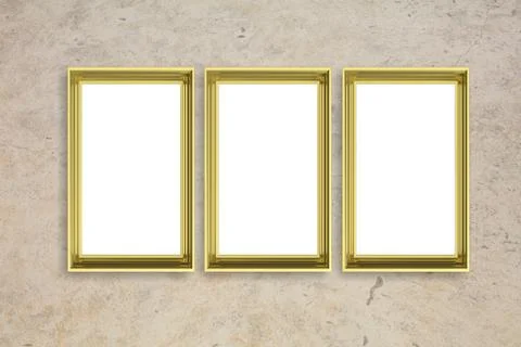 Frames golden isolated on beige stone wall background with copy space for tex Illustrazione stock