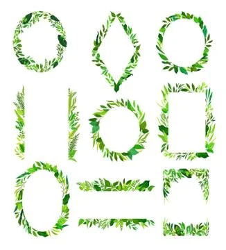 Frames with Green Leaves or Foliage Vector Set 스톡 일러스트