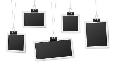Frames hang on clips. Photo frame hanging, photos clothespin and rope. Retro Stock Illustration