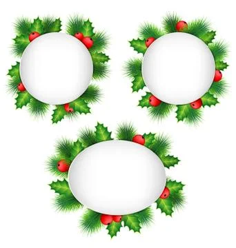Frames with holly and pine isolated on white Stock Illustration