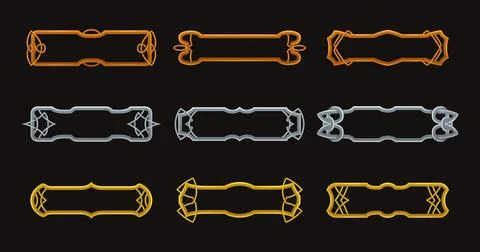 Frames medieval game ui. Metallic title banners, decorative borders. Vector Stock Illustration