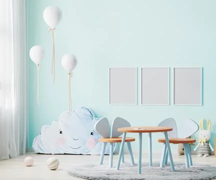 Frames mock up in children room interior in light blue tones with kids table  Stock Illustration