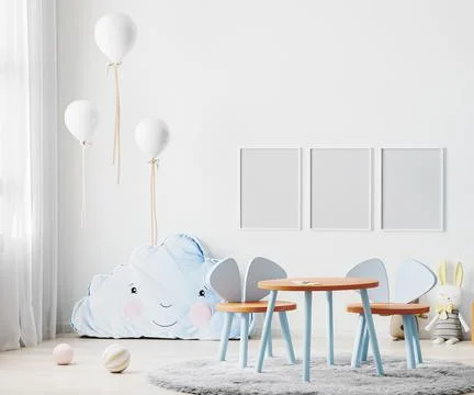 Frames mock up in children room interior in light blue tones with kids table  Stock Illustration