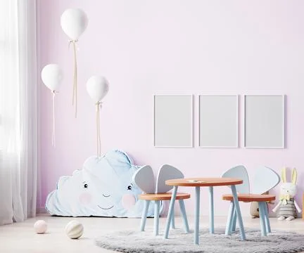 Frames mock up in children room interior in light pink tones with kids table  Illustrazione stock