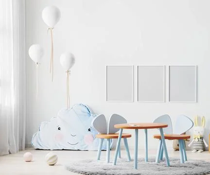 Frames mock up in children room interior in light blue tones with kids tab... Foto stock
