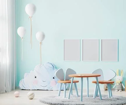 Frames mock up in children room interior in light blue tones with kids tab... Foto stock