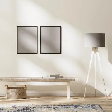 Frames mock up in modern living interior, bright room with sunbeams, wall moc Stock Illustration