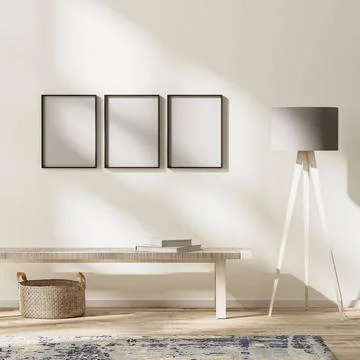 Frames mock up in modern living interior, bright room with sunbeams, wall ... Foto stock