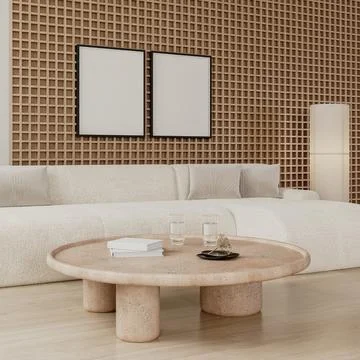 Frames mock up in modern living room interior with wooden wall panel and whit Stock Illustration
