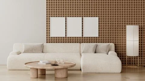 Frames mock up in modern living room interior with wooden wall panel and whit Illustrazione stock