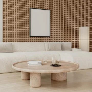 Frames mock up in modern living room interior with wooden wall panel and white s Stock Illustration