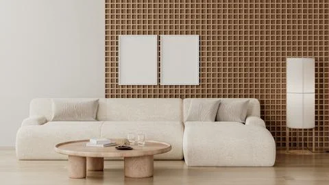 Frames mock up in modern living room interior with wooden wall panel and whit Illustrazione stock