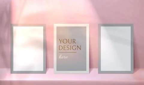 Frames mockup and pastel background with tropical palm leaves shadow overlay Illustrazione stock