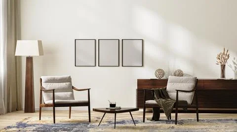 Frames mockup in bright modern living room interior in neutral colors with ar Illustrazione stock