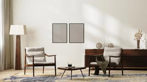 Frames mockup in bright modern living room interior in neutral colors with ar Illustrazione stock