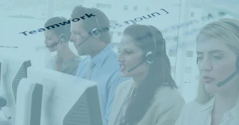 Frames moving, call agents adjusting mics, typing and talking, providing support Stock Photos