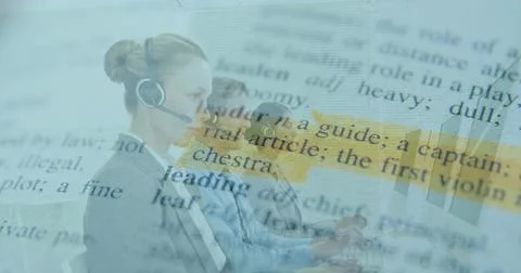Frames moving showing call-center agents typing, consulting highlighting overlay Stock Photos