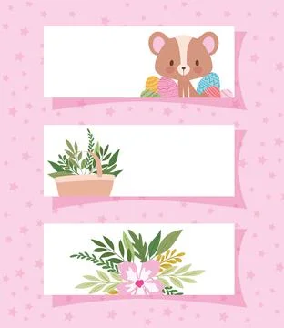Frames with one cute bear and one basket full of plants Illustrazione stock