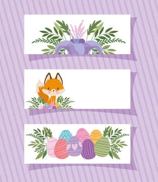 Frames with one cute fox, purple flower and easter eggs Illustrazione stock