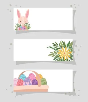 Frames with one cute pink bunny, yellow flower and one basket full of easter Illustrazione stock