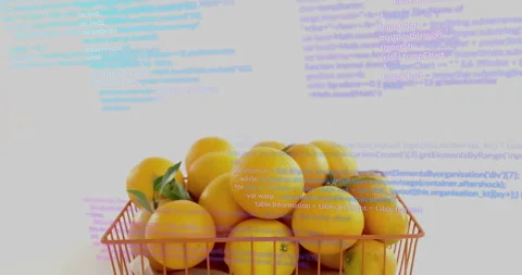 As frames progress, code lines drifting behind basket holding oranges, Stock Footage 313775405