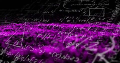 Frames progressing showing formulas blurring, purple particles rising forming Stock Footage 313330537