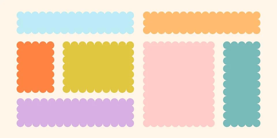 Frames Scalloped Vector Corrugated Bento Grid Shapes Set. Scallop Frame Wavy Illustrazione stock