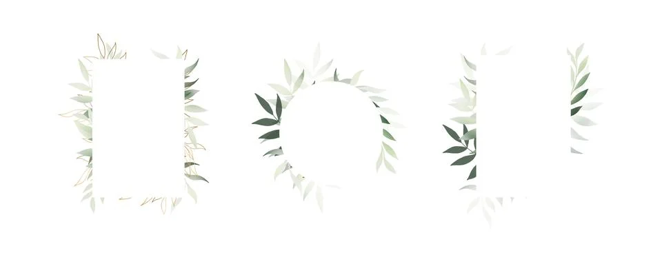The frames set with elegant olive green leaves for Summer greeting postcard Stock Illustration