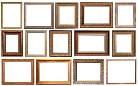 Frames set painting isolated on white background gold silver Stockfoto's