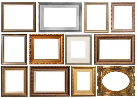 Frames set painting isolated on white background gold silver Stockfoto's