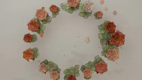 Frames showing roses and leaves assembling into circular wreath on cream table 動画素材 339722077