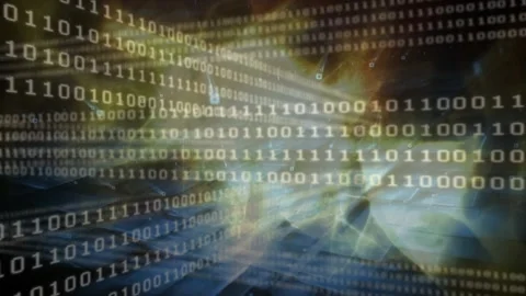 Frames starting binary rows scrolling, revealing corridor and silhouette showing Stock Footage 329506050