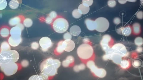 Frames starting bokeh drifting as nodes emerging at right edge linking into net Video stock 330237103