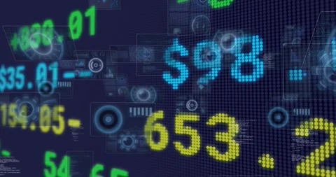 Frames starting camera move, numeric ticker HUD shifting, glowing and fading to Video stock 323175242