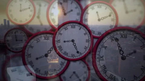 Frames starting, clock cluster with red rims showing advancing hands and Video stock 321099458