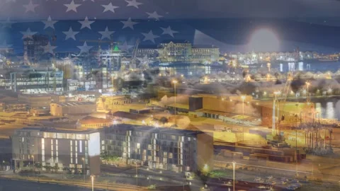 Frames starting, port skyline flickering while US flag overlay drifting showing Stock Footage 333287609