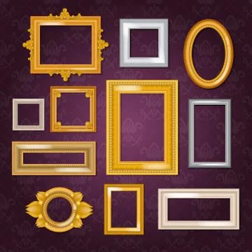 Frames vector blank picture framing in vintage set of gold framework on wall Stock Illustration