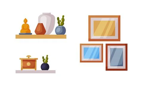 Frames on wall and ceramic vases on wooden shelf vector illustration 스톡 일러스트