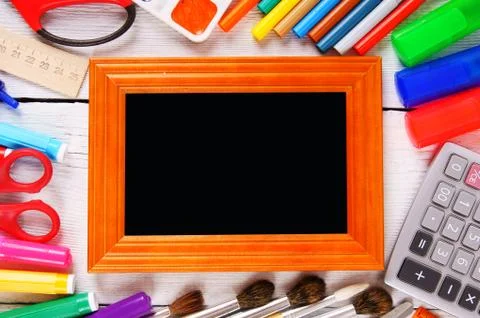 Framework and school tools around. Stock Photos