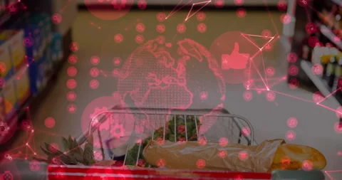 Framing cart loading groceries starting floating points forming globe showing Stock Footage 312408181