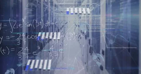 Framing central aisle of server racks showing code overlays inside data center, 스톡 사진