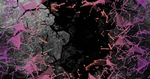 Framing central black void within textured grey background, with purple meshes Stockfoto's