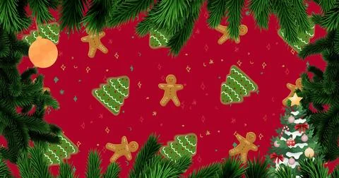 Framing central red patterned field with gingerbread men and green tree cookies, 스톡 사진