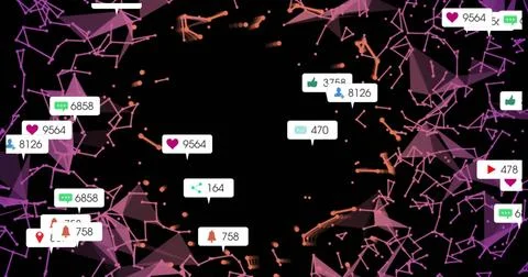 Framing central void, lowpoly nodes forming purple network social badges show Illustrazione stock