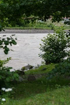 Framing. Chorukh River with a view through the trees, Georgia Stock Photos