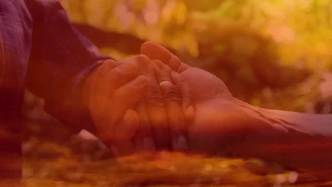 Framing clasped hands, Senior couple holding, adjusting grip while warm overlay 스톡 동영상 334768696