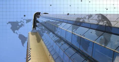 Framing curtain-wall skyscraper rising at street level, showing concrete core, Stock Illustration