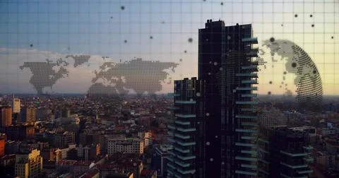 Framing dark skyscraper cluster right of center from high vantage, with map Foto stock