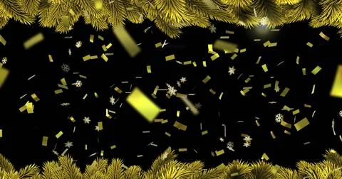 Framing golden pine needle branches glittering on dark backdrop, with metallic Stock Illustration